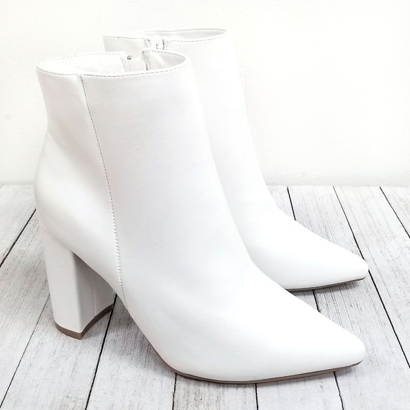 New White Chunky Heel Point Toe Booties Boots - Picture 2 of 4